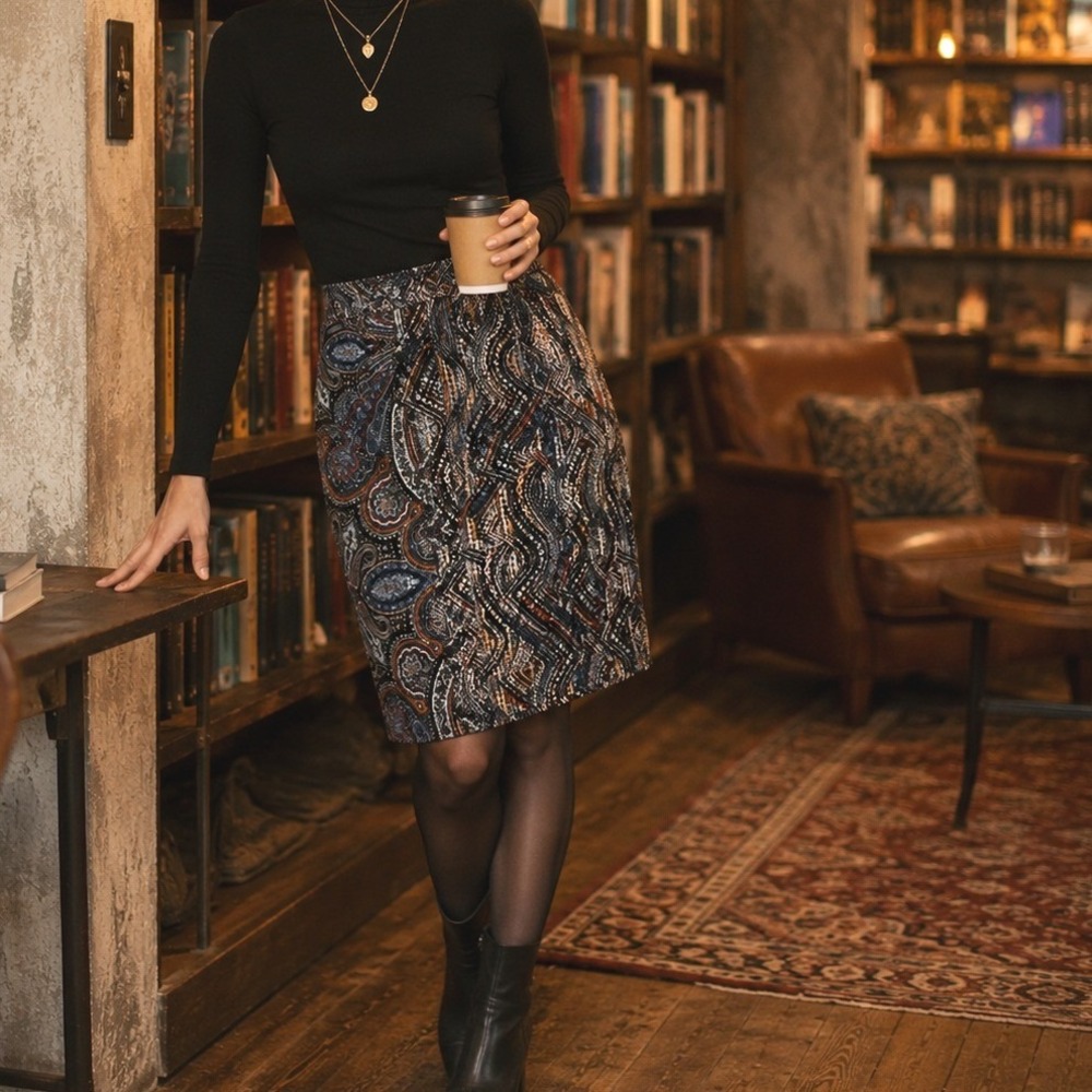 J. Jill Ponte Knit Paisley Pencil Skirt Womens Large Boho Stretch Geo Academia